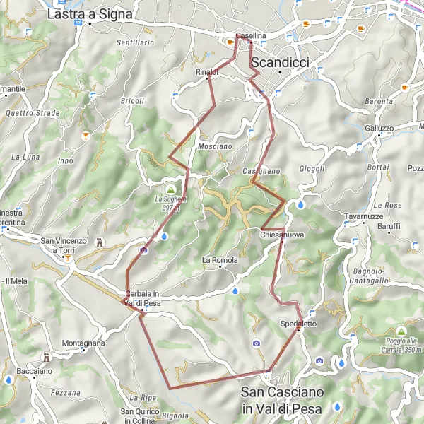 Mapa miniatúra "Exploring the Hills of Toscana by Gravel Bike" cyklistická inšpirácia v Toscana, Italy. Vygenerované cyklistickým plánovačom trás Tarmacs.app