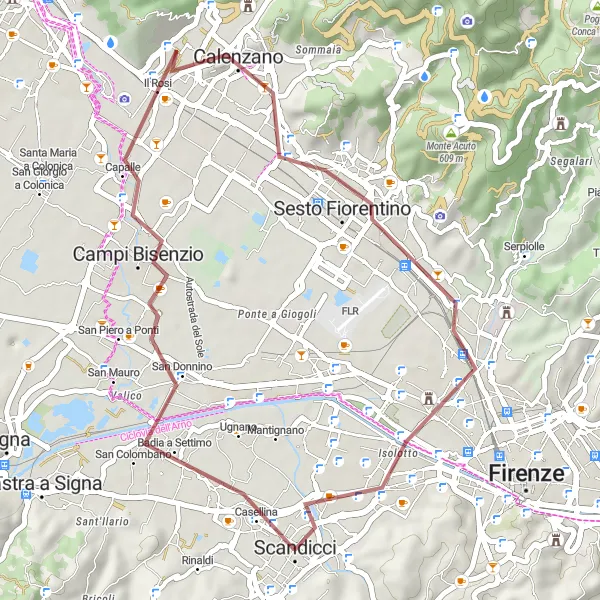 Miniatua del mapa de inspiración ciclista "Ruta de Grava Campi Bisenzio" en Toscana, Italy. Generado por Tarmacs.app planificador de rutas ciclistas