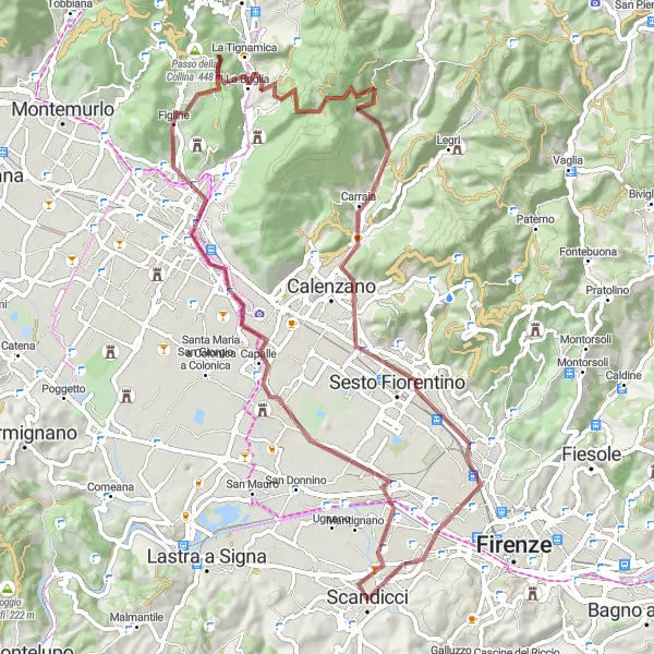 Miniatura della mappa di ispirazione al ciclismo "Giro panoramico off-road tra Campi Bisenzio e Castello di Torregalli" nella regione di Toscana, Italy. Generata da Tarmacs.app, pianificatore di rotte ciclistiche