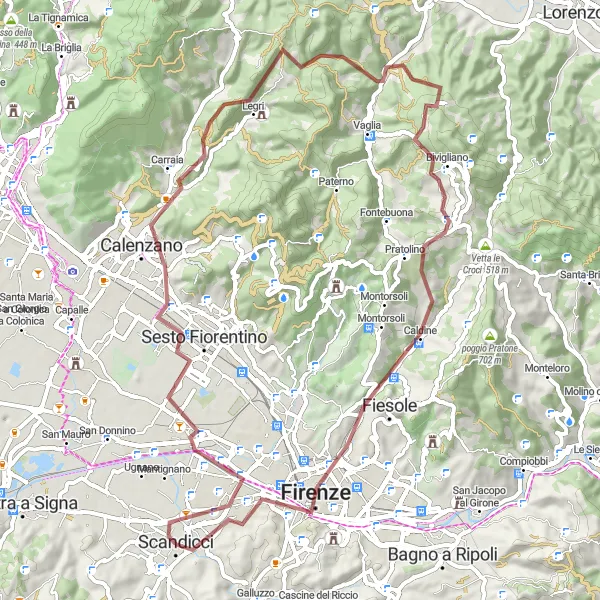 Zemljevid v pomanjšavi "Gravel Okoli Firenc" kolesarske inspiracije v Toscana, Italy. Generirano z načrtovalcem kolesarskih poti Tarmacs.app