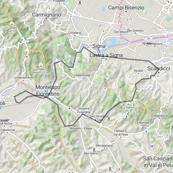 Zemljevid v pomanjšavi "Cestno kolesarjenje ob reki Arno" kolesarske inspiracije v Toscana, Italy. Generirano z načrtovalcem kolesarskih poti Tarmacs.app