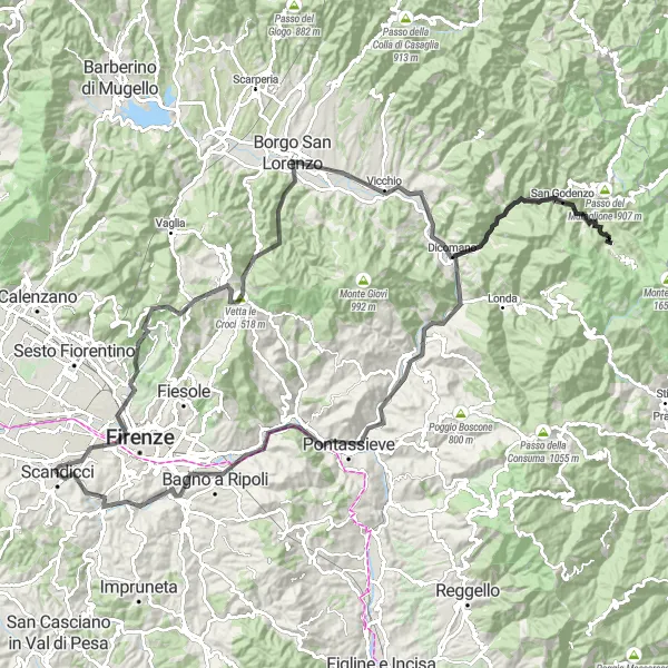 Zemljevid v pomanjšavi "Villa Medicea di Careggi - Pontassieve Loop" kolesarske inspiracije v Toscana, Italy. Generirano z načrtovalcem kolesarskih poti Tarmacs.app