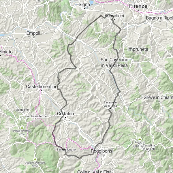 Miniatura della mappa di ispirazione al ciclismo "Road da Scandicci a Poggio Mulettino" nella regione di Toscana, Italy. Generata da Tarmacs.app, pianificatore di rotte ciclistiche