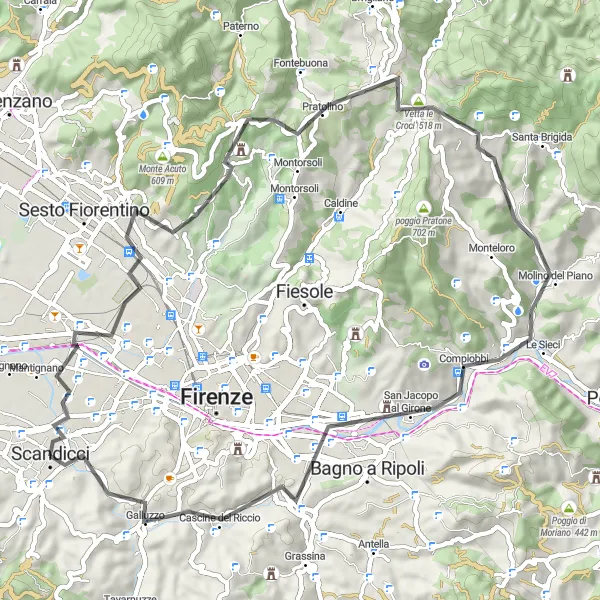 Miniatura della mappa di ispirazione al ciclismo "Salite sulle colline toscane in bicicletta" nella regione di Toscana, Italy. Generata da Tarmacs.app, pianificatore di rotte ciclistiche