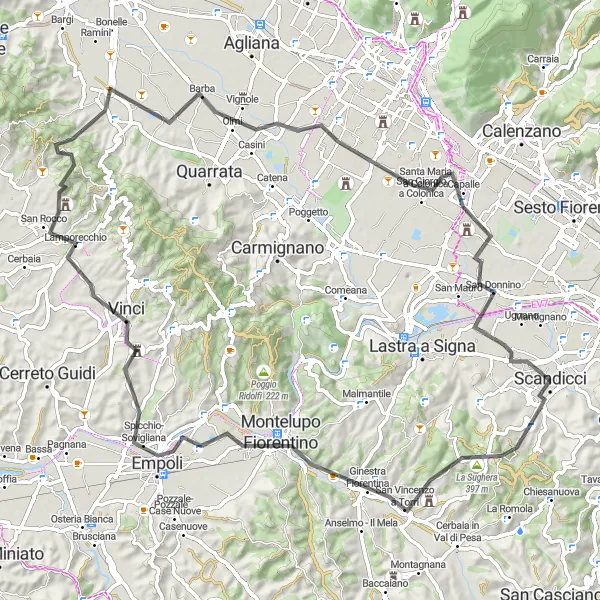 Karttaminiaatyyri "Historialliset nähtävyydet" pyöräilyinspiraatiosta alueella Toscana, Italy. Luotu Tarmacs.app pyöräilyreittisuunnittelijalla