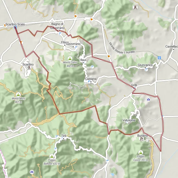 Miniatua del mapa de inspiración ciclista "Ruta de grava a través de Scarlino Scalo" en Toscana, Italy. Generado por Tarmacs.app planificador de rutas ciclistas