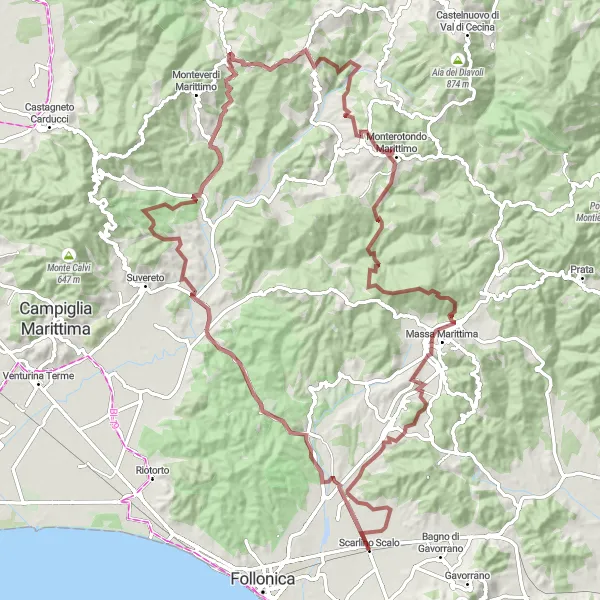 Miniatua del mapa de inspiración ciclista "Desafío en grava por Monterotondo Marittimo" en Toscana, Italy. Generado por Tarmacs.app planificador de rutas ciclistas