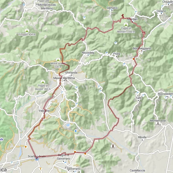 Kartminiatyr av "Grusvei rundtur til Scarlino Scalo" sykkelinspirasjon i Toscana, Italy. Generert av Tarmacs.app sykkelrutoplanlegger