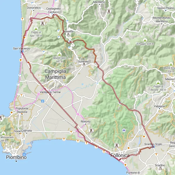 Miniatura della mappa di ispirazione al ciclismo "Colline di Toscana e Mare" nella regione di Toscana, Italy. Generata da Tarmacs.app, pianificatore di rotte ciclistiche