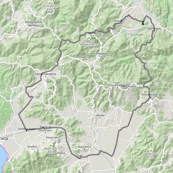 Miniatura della mappa di ispirazione al ciclismo "Road Highlights of Monticiano" nella regione di Toscana, Italy. Generata da Tarmacs.app, pianificatore di rotte ciclistiche