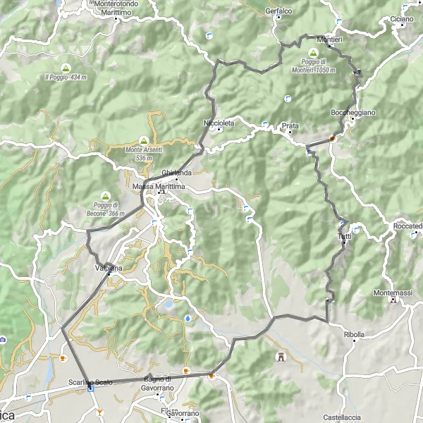 Miniatura della mappa di ispirazione al ciclismo "Strade Panoramiche della Maremma" nella regione di Toscana, Italy. Generata da Tarmacs.app, pianificatore di rotte ciclistiche