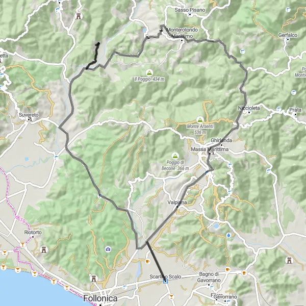 Miniature de la carte de l'inspiration cycliste "Le Voyage vers Monterotondo Marittimo" dans la Toscana, Italy. Générée par le planificateur d'itinéraire cycliste Tarmacs.app