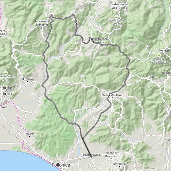 Mapa miniatúra "Road Route from Scarlino Scalo to Poggio Di Checco" cyklistická inšpirácia v Toscana, Italy. Vygenerované cyklistickým plánovačom trás Tarmacs.app