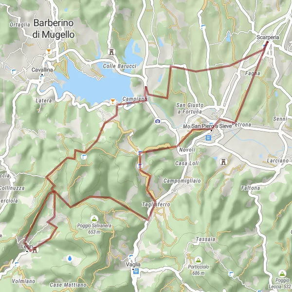 Miniaturekort af cykelinspirationen "Grusvejscykling nær Scarperia" i Toscana, Italy. Genereret af Tarmacs.app cykelruteplanlægger