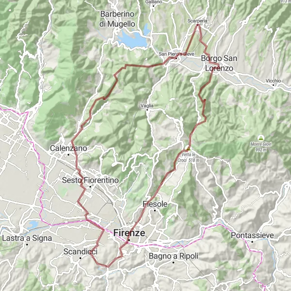 Map miniature of "Gravel Adventure from Scarperia" cycling inspiration in Toscana, Italy. Generated by Tarmacs.app cycling route planner