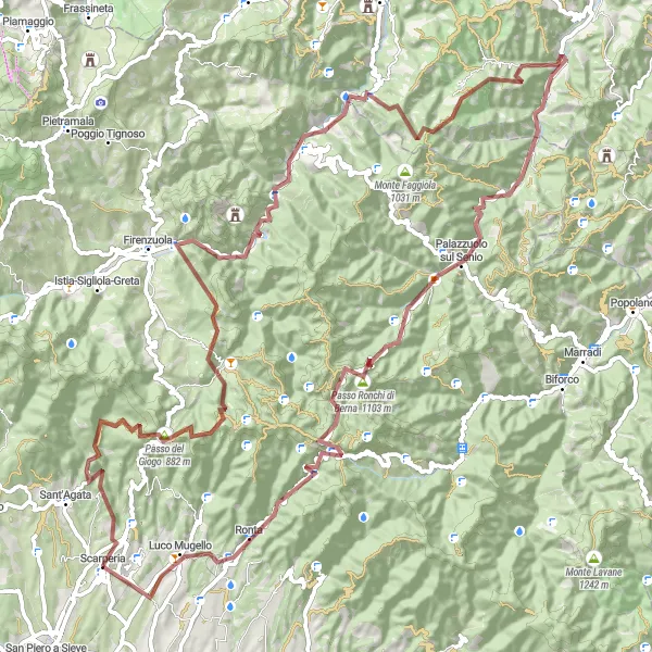 Miniatura della mappa di ispirazione al ciclismo "Grande Avventura nelle Colline Tosco-Romagnole" nella regione di Toscana, Italy. Generata da Tarmacs.app, pianificatore di rotte ciclistiche