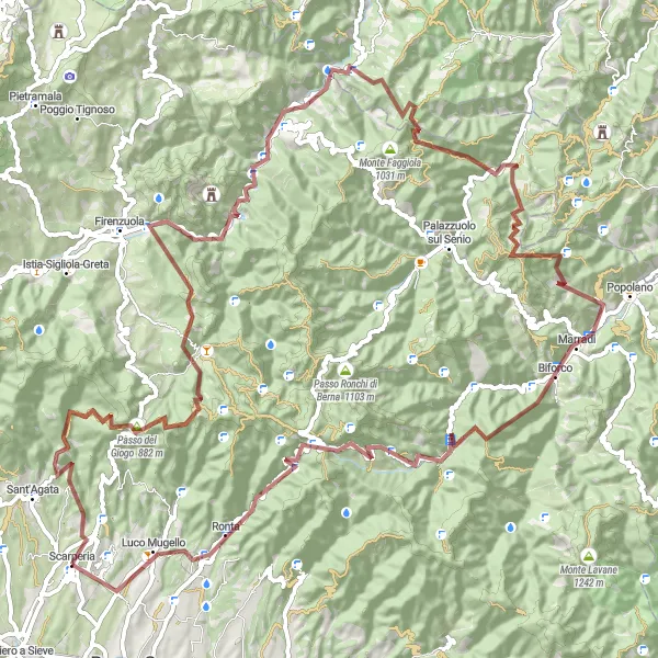 Karttaminiaatyyri "Marradi - Monte Frena Circuit" pyöräilyinspiraatiosta alueella Toscana, Italy. Luotu Tarmacs.app pyöräilyreittisuunnittelijalla