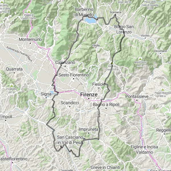Zemljevid v pomanjšavi "Kolesarjenje ob cestah: Scarperia - Campi Bisenzio" kolesarske inspiracije v Toscana, Italy. Generirano z načrtovalcem kolesarskih poti Tarmacs.app