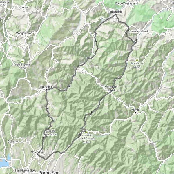 Miniatua del mapa de inspiración ciclista "Ruta desafiante desde Scarperia" en Toscana, Italy. Generado por Tarmacs.app planificador de rutas ciclistas