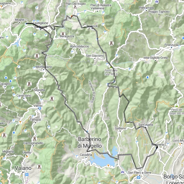 Map miniature of "Mountainous Road Cycling Experience near Scarperia" cycling inspiration in Toscana, Italy. Generated by Tarmacs.app cycling route planner