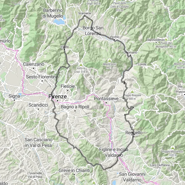 Map miniature of "Road Cycling Adventure near Scarperia" cycling inspiration in Toscana, Italy. Generated by Tarmacs.app cycling route planner