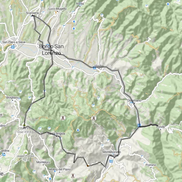 Miniatua del mapa de inspiración ciclista "Recorrido escénico a través de Borgo San Lorenzo" en Toscana, Italy. Generado por Tarmacs.app planificador de rutas ciclistas