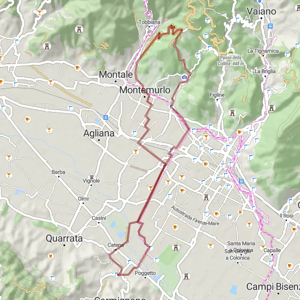 Miniatua del mapa de inspiración ciclista "Ruta de Grava a Monte Lopi" en Toscana, Italy. Generado por Tarmacs.app planificador de rutas ciclistas