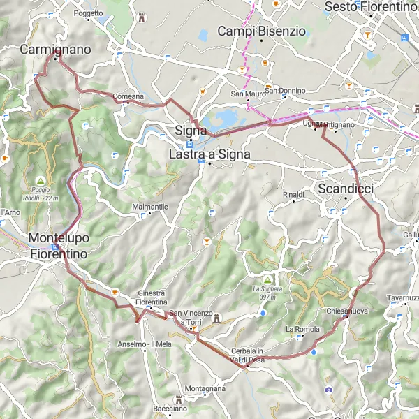 Map miniature of "Seano to Rocca di Carmignano Gravel Cycling Route" cycling inspiration in Toscana, Italy. Generated by Tarmacs.app cycling route planner