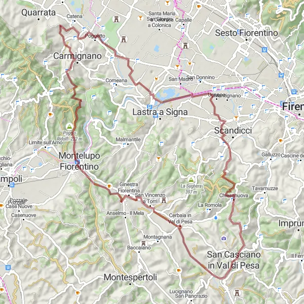 Map miniature of "Seano to Tizzana Gravel Cycling Route" cycling inspiration in Toscana, Italy. Generated by Tarmacs.app cycling route planner
