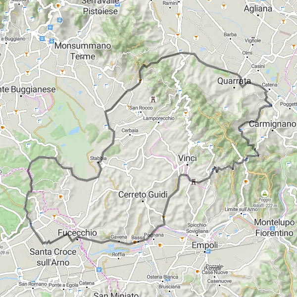 Miniatura della mappa di ispirazione al ciclismo "Salite e discese nella campagna toscana" nella regione di Toscana, Italy. Generata da Tarmacs.app, pianificatore di rotte ciclistiche