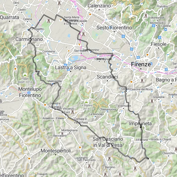 Miniatuurkaart van de fietsinspiratie "Fietsen door Toscane: Seano naar La Serra" in Toscana, Italy. Gemaakt door de Tarmacs.app fietsrouteplanner