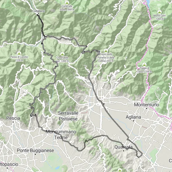 Miniaturekort af cykelinspirationen "Vejcykelrute med udfordrende stigninger og betagende udsigter" i Toscana, Italy. Genereret af Tarmacs.app cykelruteplanlægger