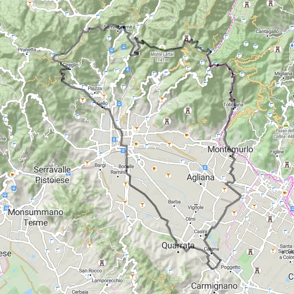 Miniatura della mappa di ispirazione al ciclismo "Giro in bici da Seano a Tobbiana e ritorno" nella regione di Toscana, Italy. Generata da Tarmacs.app, pianificatore di rotte ciclistiche