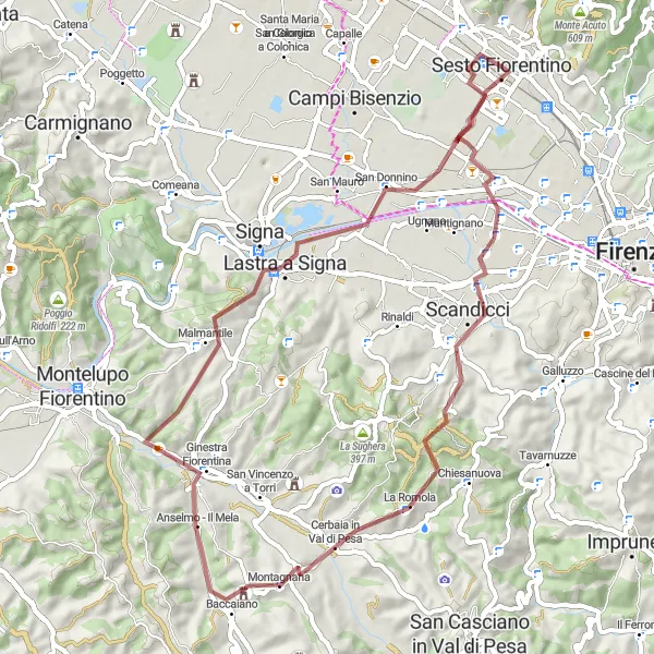 Map miniature of "Gravel Ride to Scandicci and La Poggiona" cycling inspiration in Toscana, Italy. Generated by Tarmacs.app cycling route planner