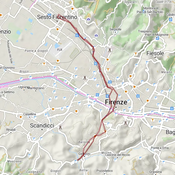 Miniatura della mappa di ispirazione al ciclismo "Esplorazione delle colline toscane in mountain bike" nella regione di Toscana, Italy. Generata da Tarmacs.app, pianificatore di rotte ciclistiche