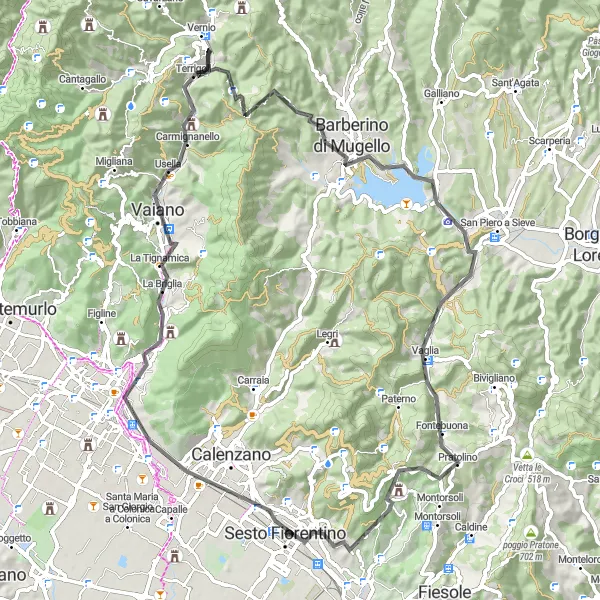 Kartminiatyr av "Upplev Bilancino-sjön" cykelinspiration i Toscana, Italy. Genererad av Tarmacs.app cykelruttplanerare