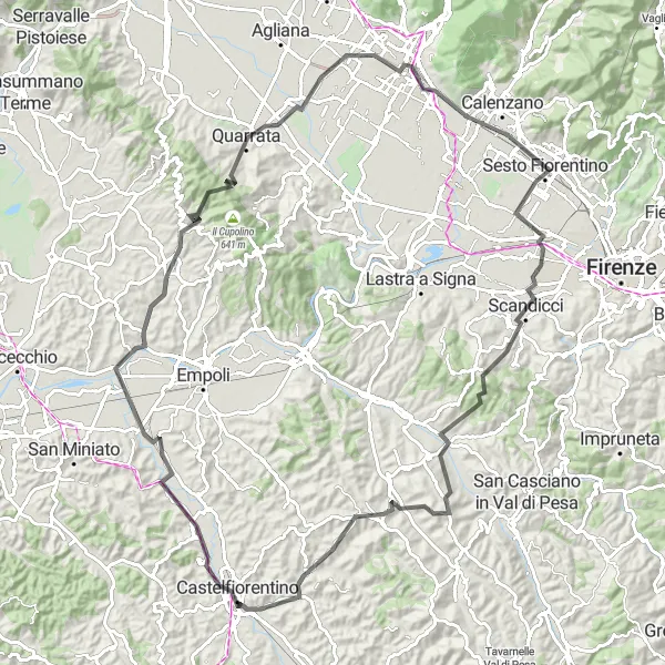 Map miniature of "Road Cycling Challenge through Poggio Cigoli and Vinci" cycling inspiration in Toscana, Italy. Generated by Tarmacs.app cycling route planner