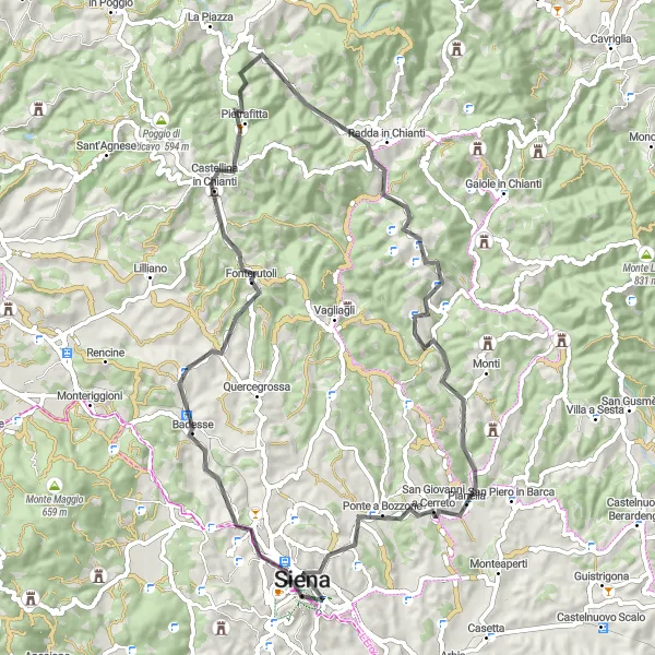 Miniatura della mappa di ispirazione al ciclismo "Strade panoramiche del Chianti" nella regione di Toscana, Italy. Generata da Tarmacs.app, pianificatore di rotte ciclistiche