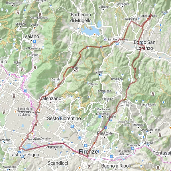 Mapa miniatúra "Gravel okruh cez Campi Bisenzio a Fiesole" cyklistická inšpirácia v Toscana, Italy. Vygenerované cyklistickým plánovačom trás Tarmacs.app