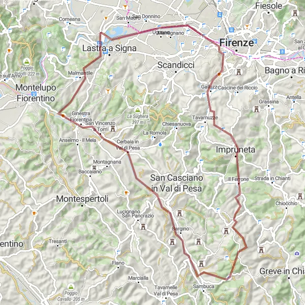Miniatua del mapa de inspiración ciclista "Ruta de Grava a través de Toscana" en Toscana, Italy. Generado por Tarmacs.app planificador de rutas ciclistas