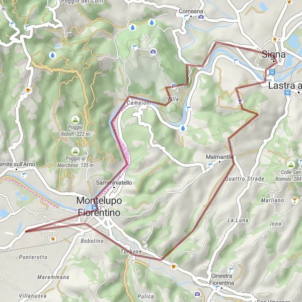 Miniatua del mapa de inspiración ciclista "Ruta de grava a Malmantile" en Toscana, Italy. Generado por Tarmacs.app planificador de rutas ciclistas