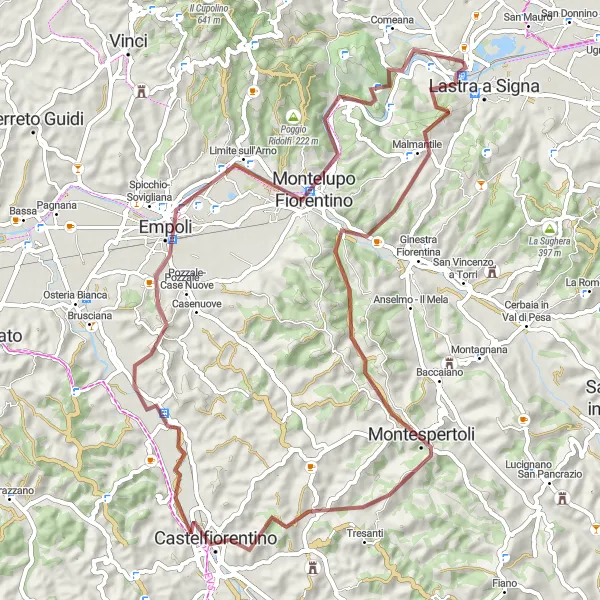Map miniature of "Gravel Adventure to Empoli" cycling inspiration in Toscana, Italy. Generated by Tarmacs.app cycling route planner