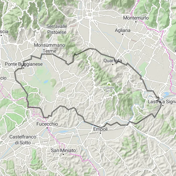 Kartminiatyr av "Rundtur til Monte Cupoli" sykkelinspirasjon i Toscana, Italy. Generert av Tarmacs.app sykkelrutoplanlegger