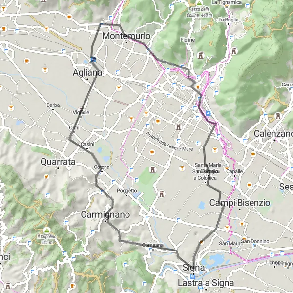 Map miniature of "Prato and Poggio Alto road loop" cycling inspiration in Toscana, Italy. Generated by Tarmacs.app cycling route planner