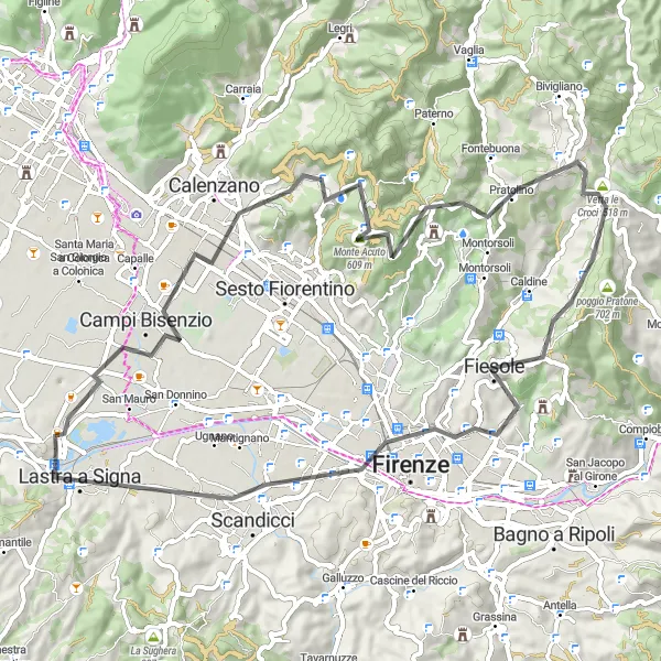Mapa miniatúra "Road okruh cez Campi Bisenzio a Fiesole" cyklistická inšpirácia v Toscana, Italy. Vygenerované cyklistickým plánovačom trás Tarmacs.app