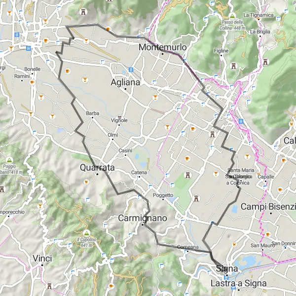 Zemljevid v pomanjšavi "Road: Carmignano - Signa" kolesarske inspiracije v Toscana, Italy. Generirano z načrtovalcem kolesarskih poti Tarmacs.app