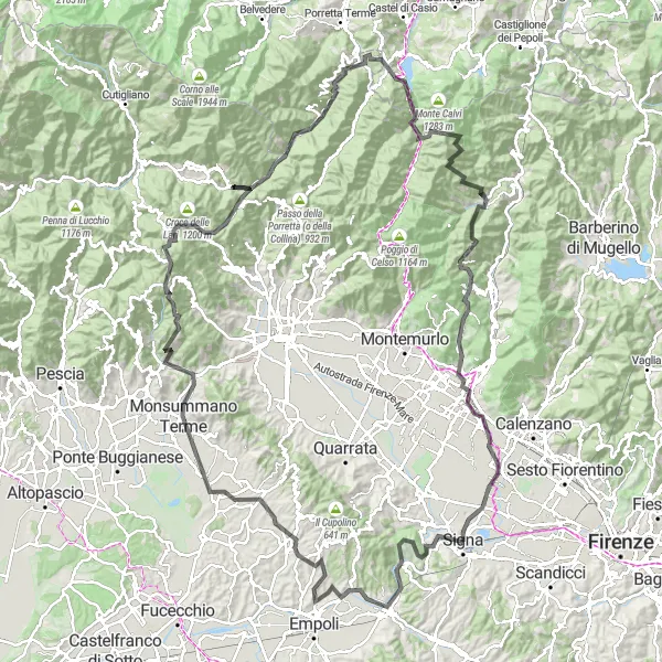 Miniatua del mapa de inspiración ciclista "Desafío ciclista por las colinas de Toscana" en Toscana, Italy. Generado por Tarmacs.app planificador de rutas ciclistas