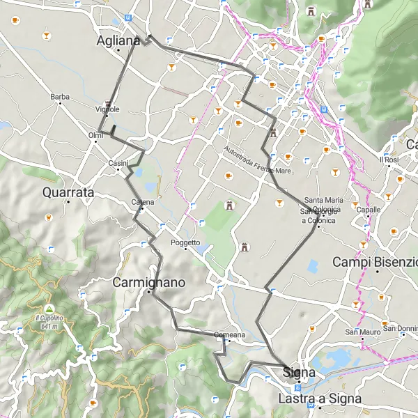 Kartminiatyr av "Kullar runt Signa" cykelinspiration i Toscana, Italy. Genererad av Tarmacs.app cykelruttplanerare