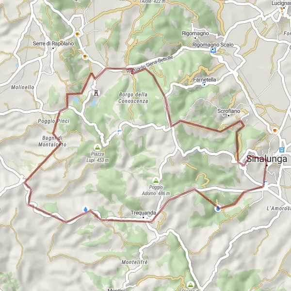 Zemljevid v pomanjšavi "Razgibana vožnja okoli Sinalunge" kolesarske inspiracije v Toscana, Italy. Generirano z načrtovalcem kolesarskih poti Tarmacs.app