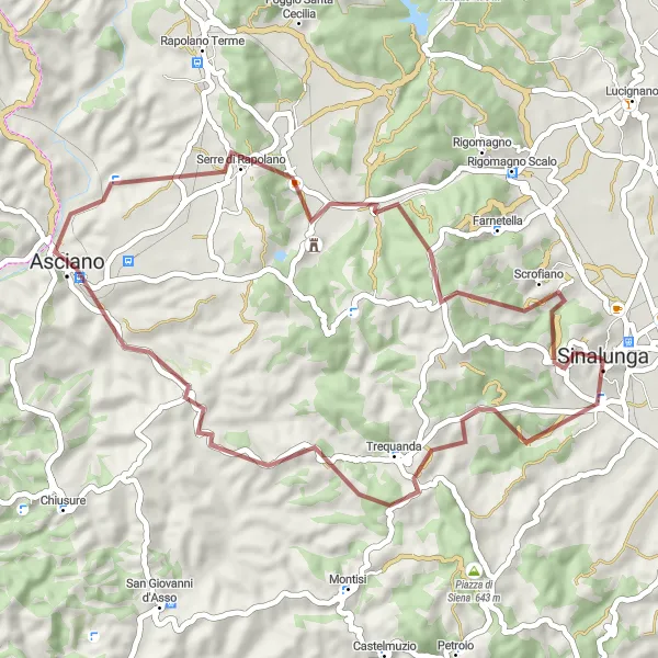 Kartminiatyr av "Oppdagelse av Sinalunga og områdets naturskjønnhet" sykkelinspirasjon i Toscana, Italy. Generert av Tarmacs.app sykkelrutoplanlegger
